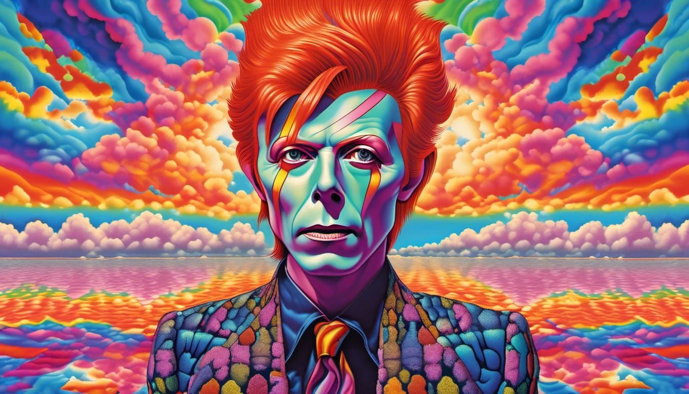 David Bowie, rainbow color hair, rainbow color clouds, diamo...