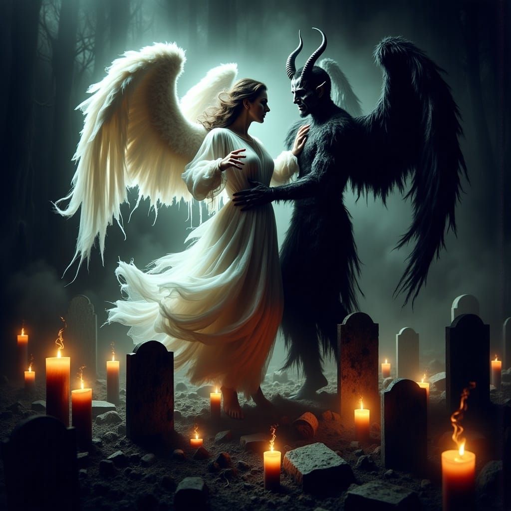 <lora:Morbid:1.0> A celestial angel in white robes gracefully dances with a menacing devil in dark attire, illuminated by flickering candlel...