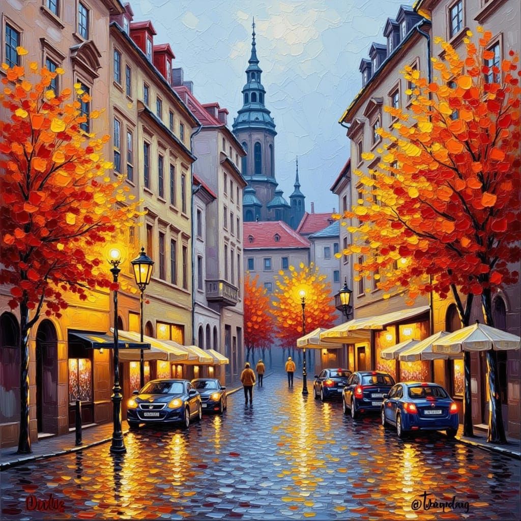 <lora:Impression Impasto:1.0> Prague in autumn rain — orange rooftops shining, reflective cobblestones, loose impressionist impasto style.