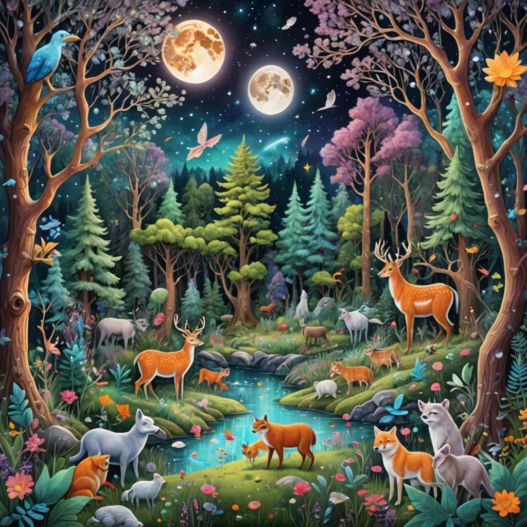 whimsical forest filled with animals under the moon with cry...