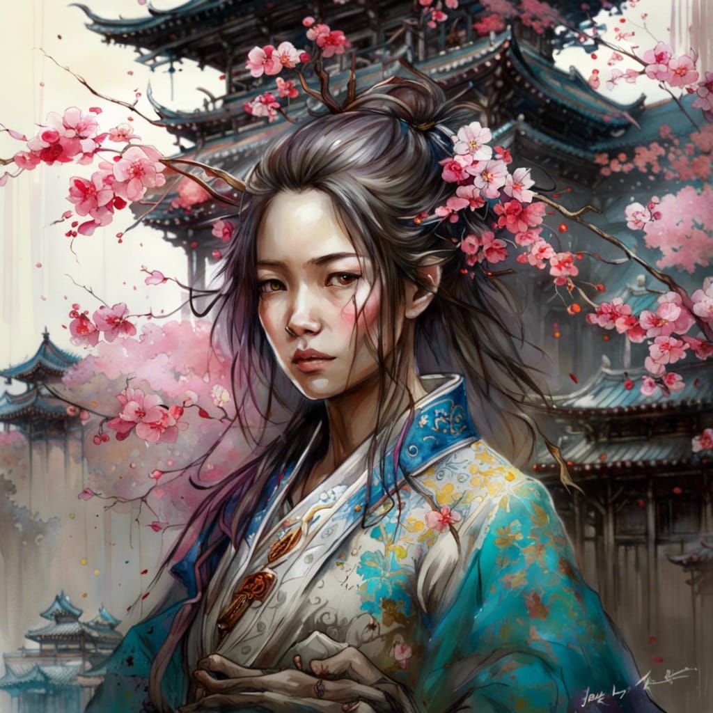 Portrait of a woman in front of a chinese Temple with a sakura garden ...