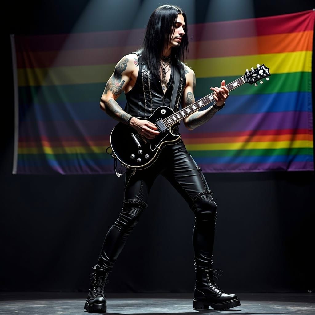 <lora:Rainbow Intensity:1.0> Realistic full body picture of a young lean thin goth man with tattoos, wearing black glossy sleeveless shirt a...