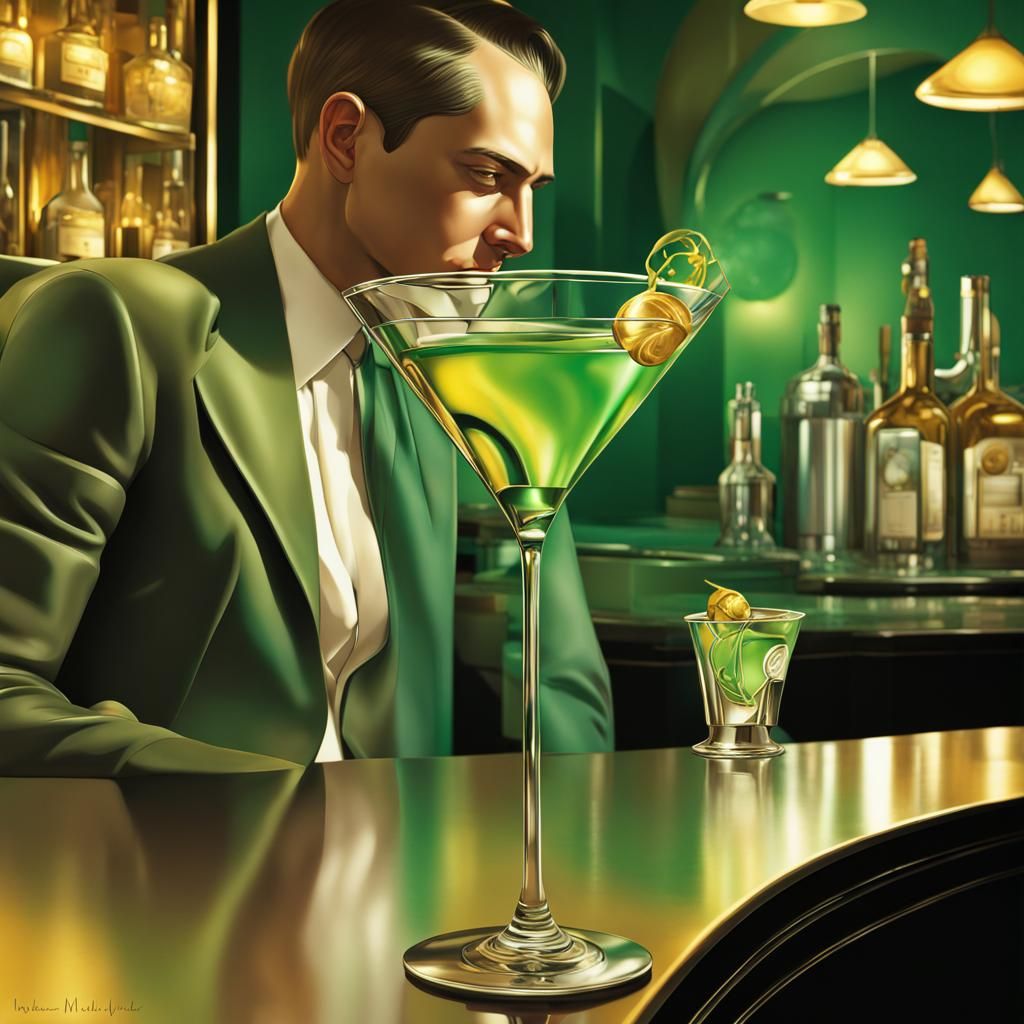 Martini bring drank by a man in a bar art deco smooth curbes...