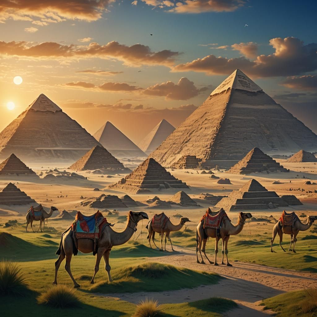 Egyptian Pyramids Landscape with Camels in Matte Painting St...