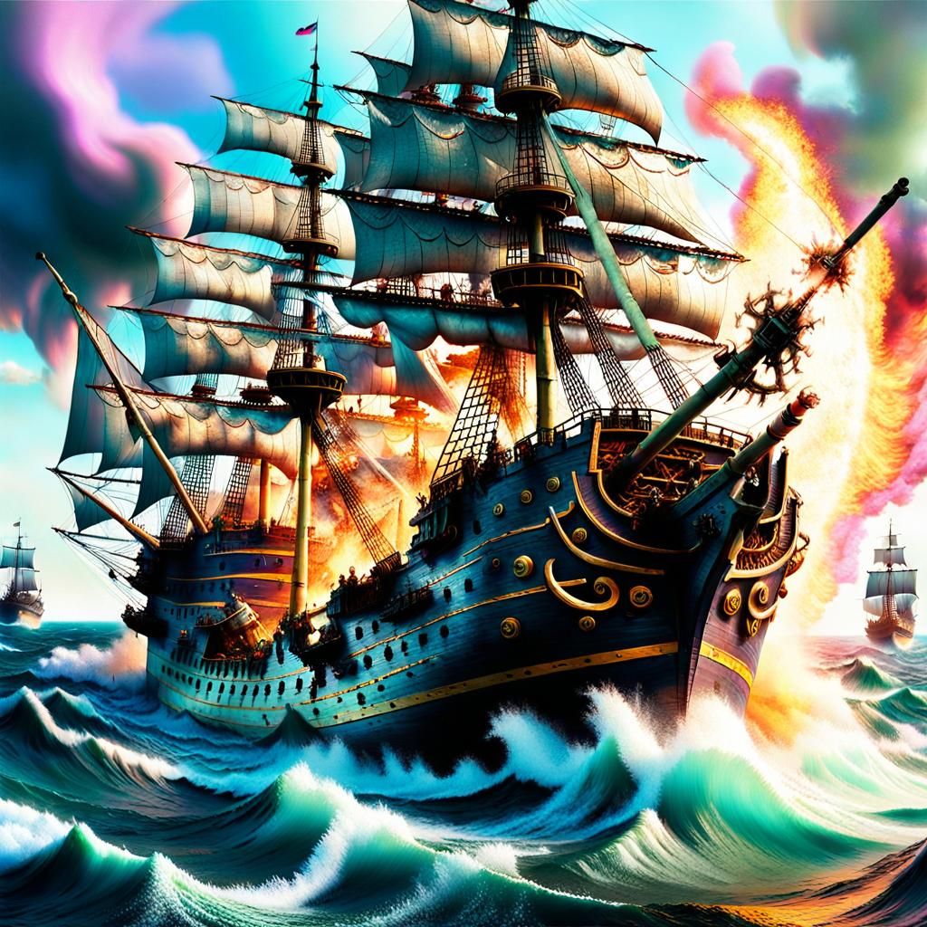 pirates sailing stormy seas mid shot (8k HD panoramic photog...