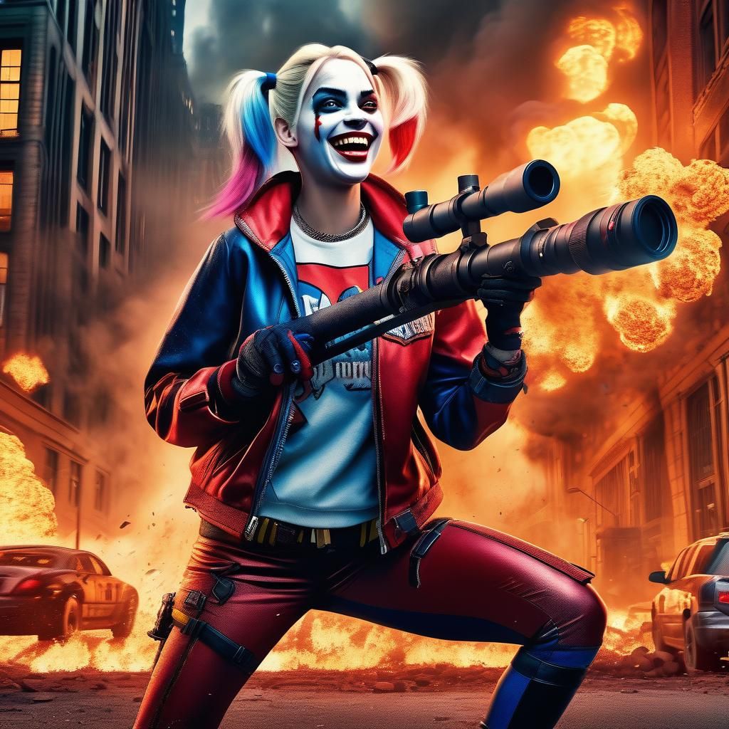 Harley Quinn with a bazooka laughing in Gotham City, beautiful ...