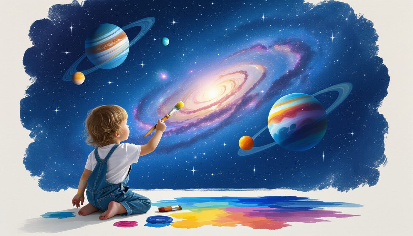 "A realistic scene of a young child holding a paintbrush, standing on the ground and painting the universe above. The night sky looks like a...
