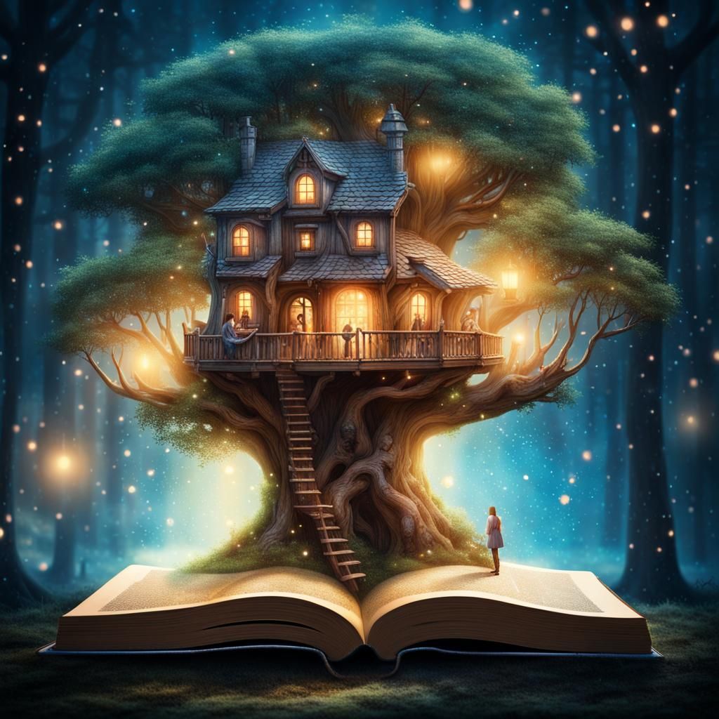 Extremely detailed Magical treehouse emerging from a book, surrounded by glowing fairy dust, people watching ...  by @ArtByAj