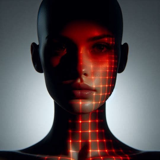 A futuristic portrait of a woman, illuminated by a red grid