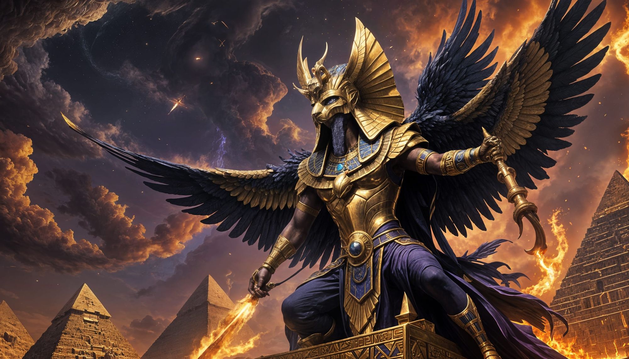 The Egyptian God Amun is floating over the Pyramids and a golden phoenix bird is flying around out of fire