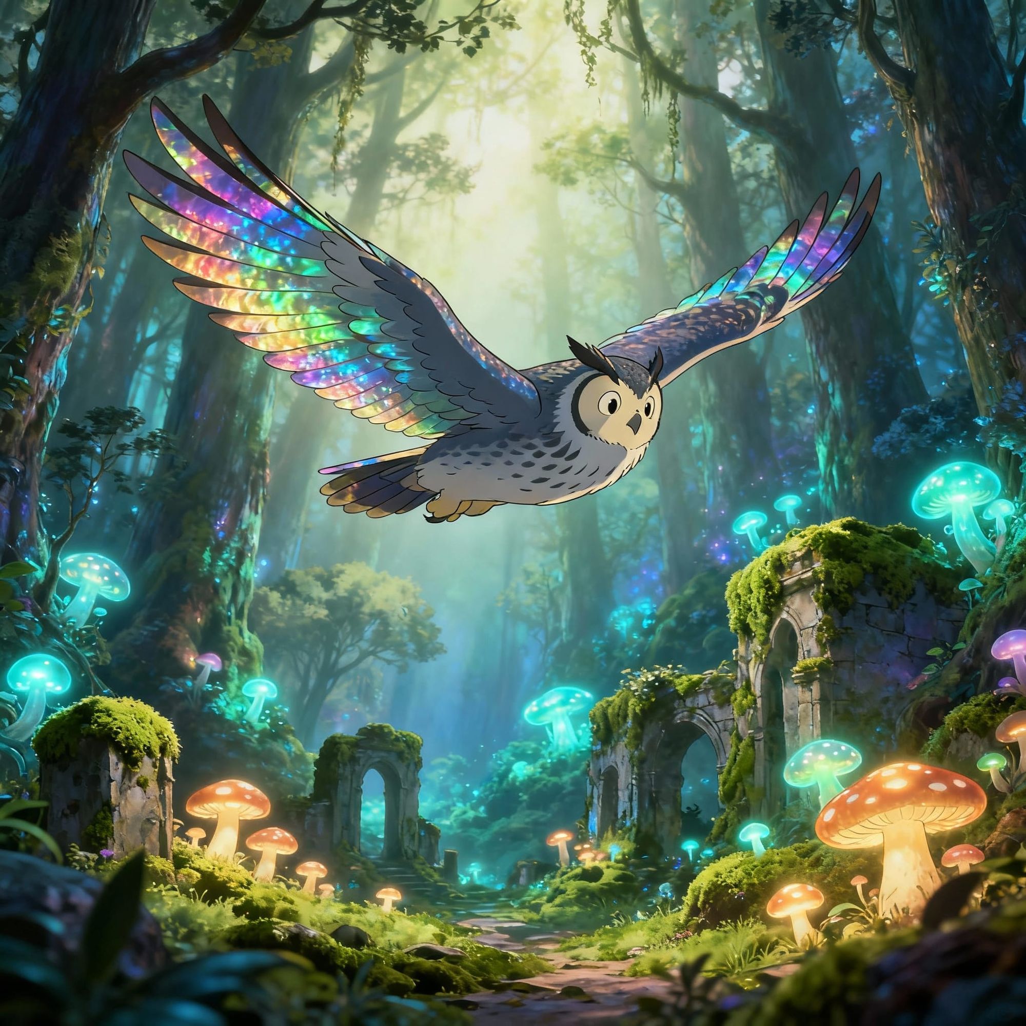 A majestic owl with iridescent feathers soaring through a bioluminescent forest, its wings outstretched in a graceful arc. The forest floor ...