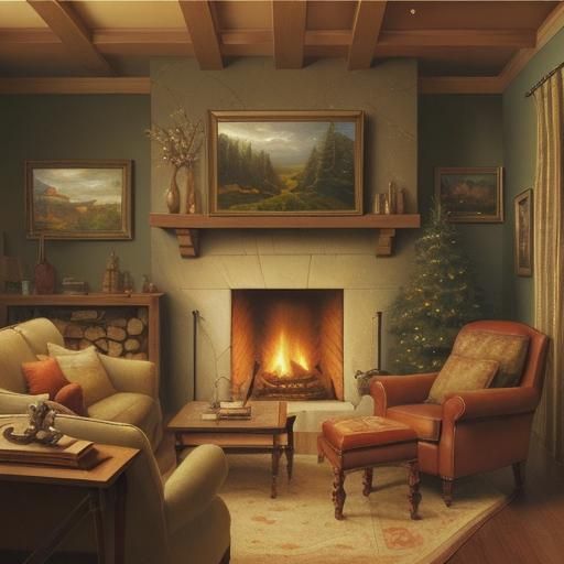 a cozy living room with a fireplace, emitting comforting war...