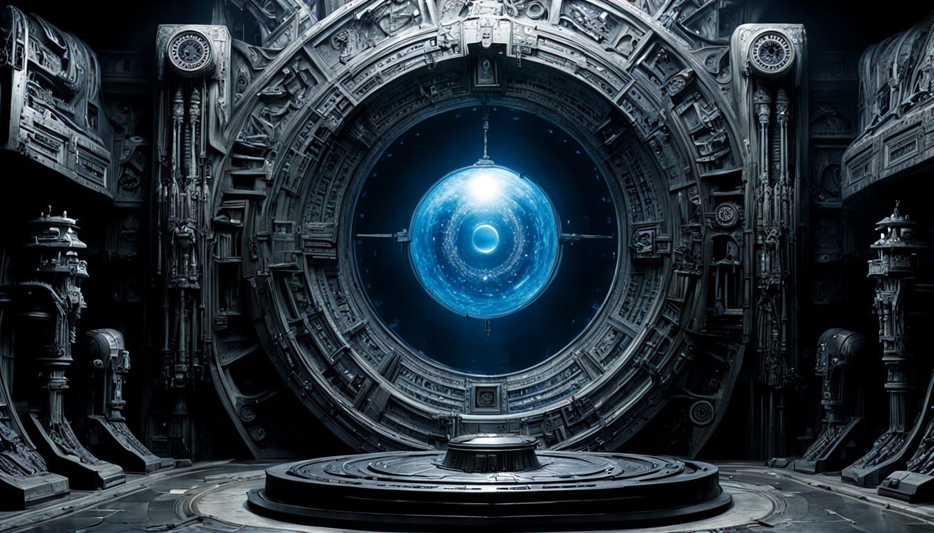 A massive, ancient ring stands tall, embedded with glowing chevrons and intricate glyphs representing distant star systems—the Stargate from...