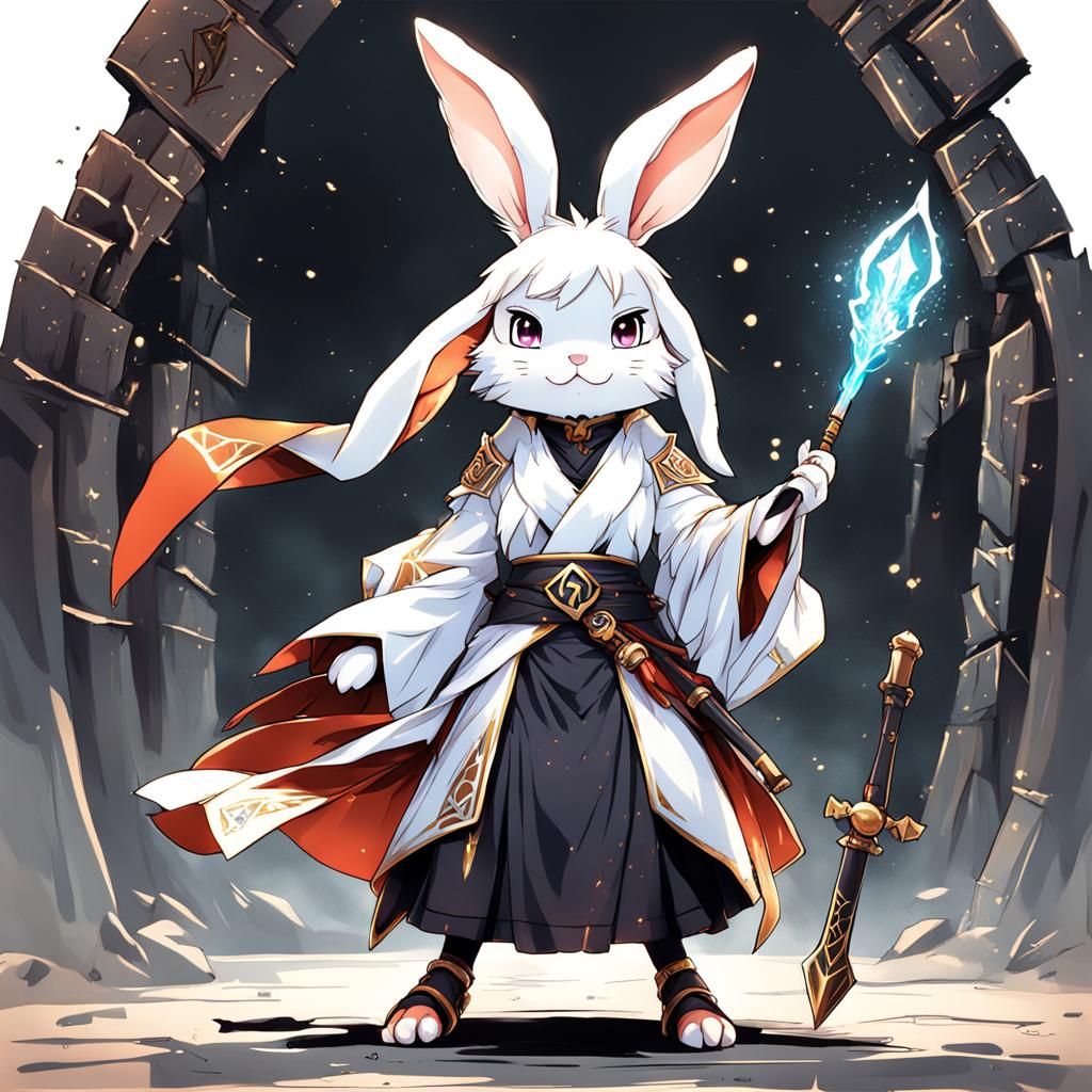 cute and adorable female humanoid rabbit warrior in wizard robe by artist  