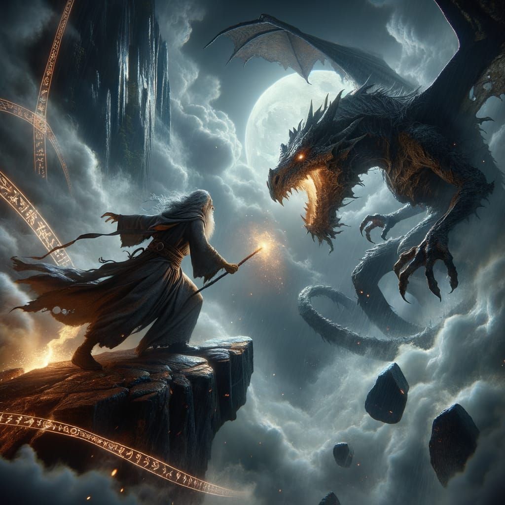 Wizard Battles Dragon on Chasm Brink in Stormy Light
