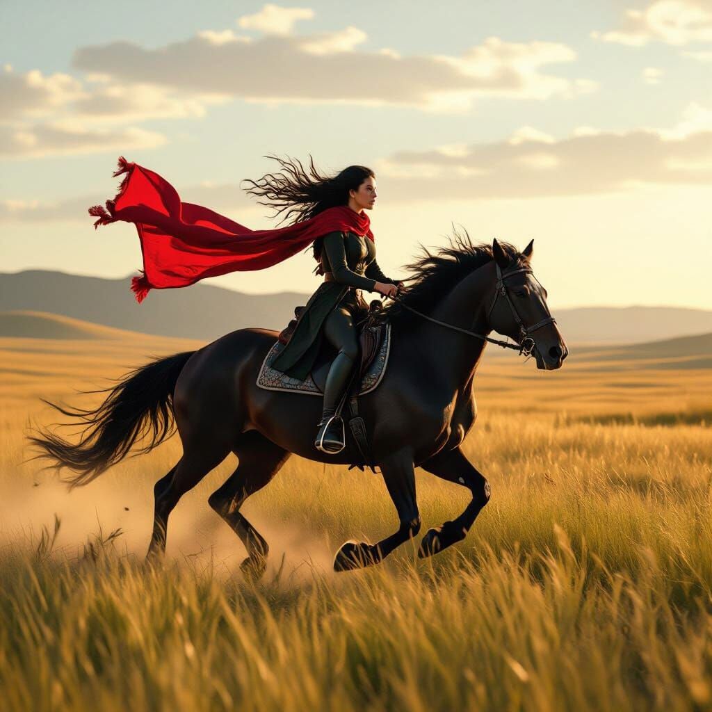 Woman Gallops Horse Across Sunlit Grassland