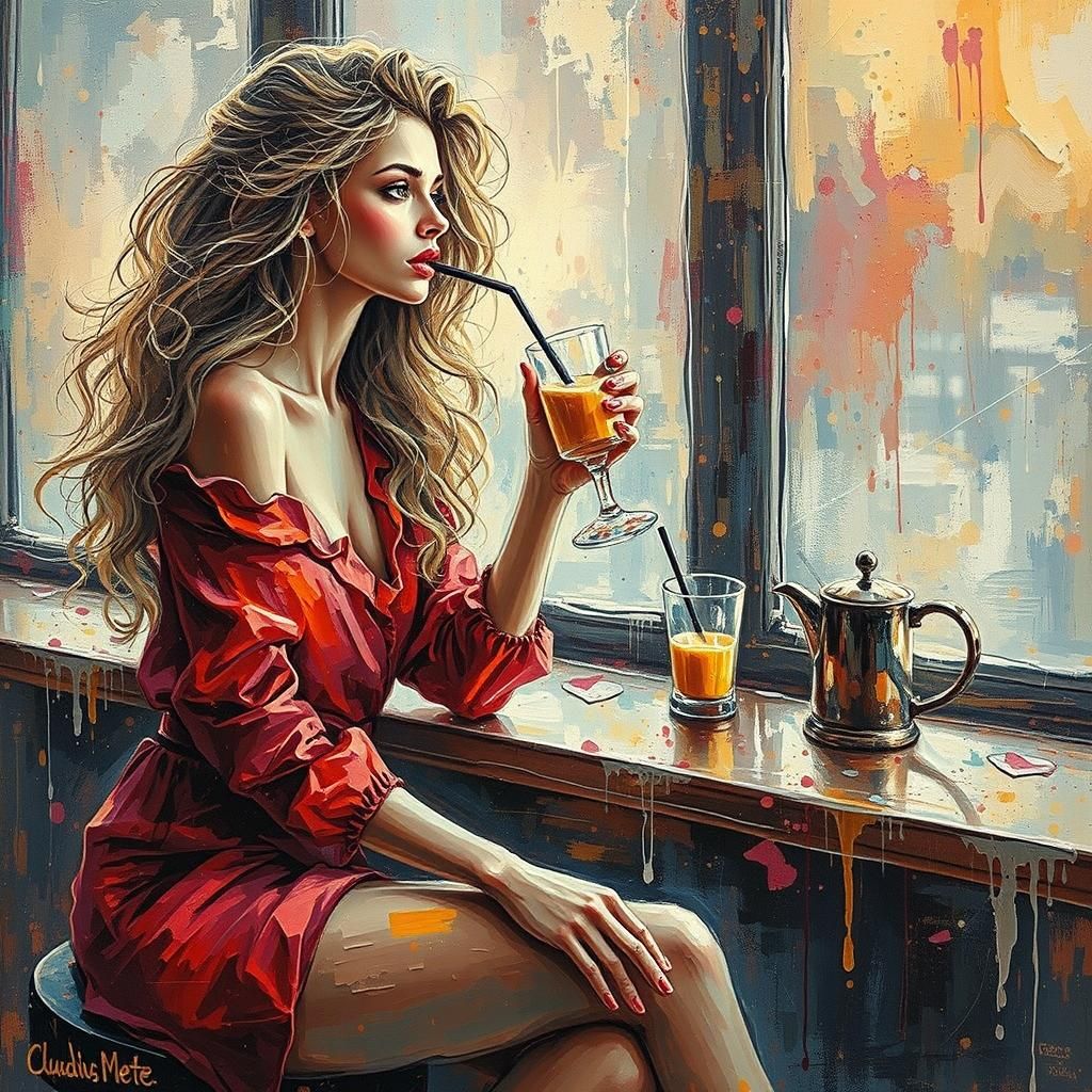 Beautiful woman, blonde wavy long  hair, red blouse and pant...