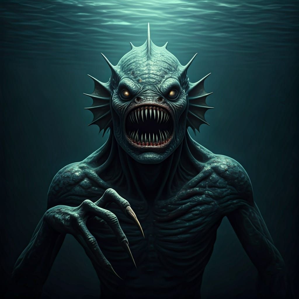 Extremely Terrifying gigantic eerie deadful Real life lovercraftian deep one named the bloop cryptid from 1995 with huge jagged teeth absolu...