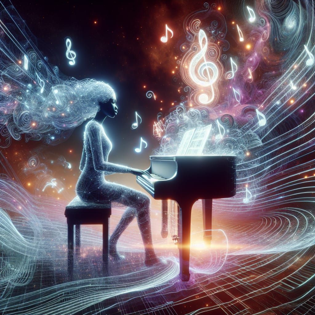 a hyper-realistic image of an interactive hologram of a woman playing a holographic piano, surrounded ...  by @Alex