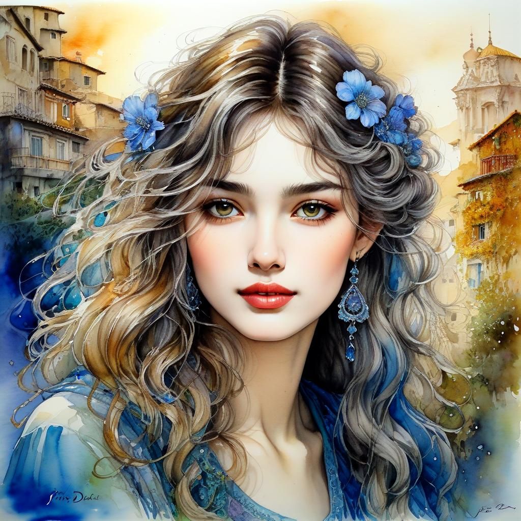 Portrait sweet  WHIMSICAL girl next door , moody, WAVY HAIR watercolour and ink, Pino Daeri , JOSEPHINE ...  by @Loelamae