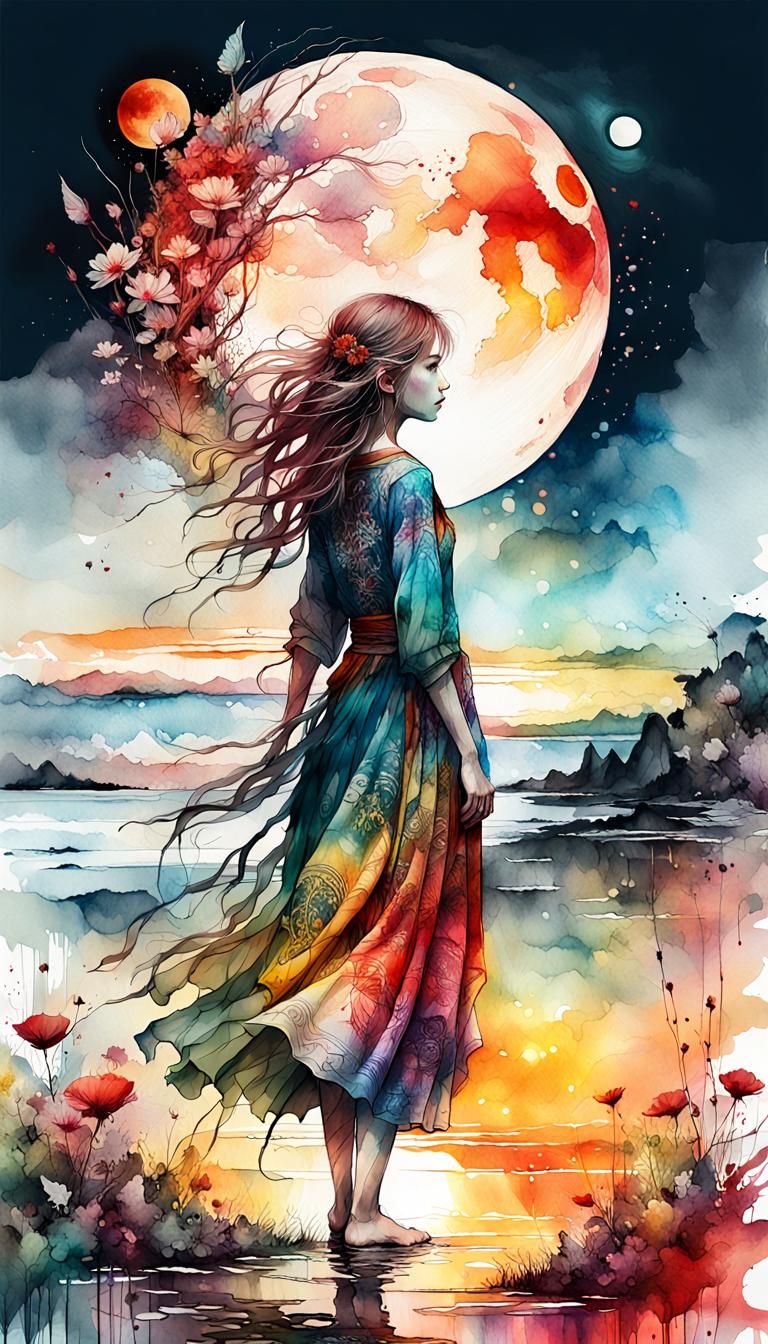 bloodmoon Digital watercolor Illustration of a summerscape s...