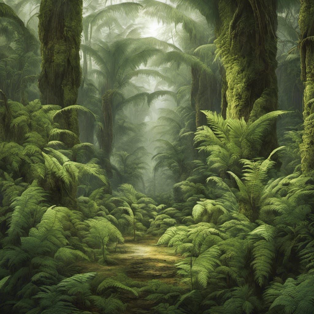 A forest of giant ferns in the mesozoic era