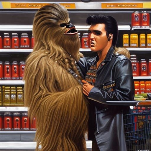 Elvis and Chewbacca making out in a grocery store
