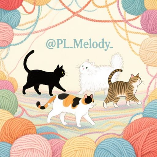 a black cat and a white cat in a yarn world with a calico cat and a tabby and in the backdrop @PL_Melody