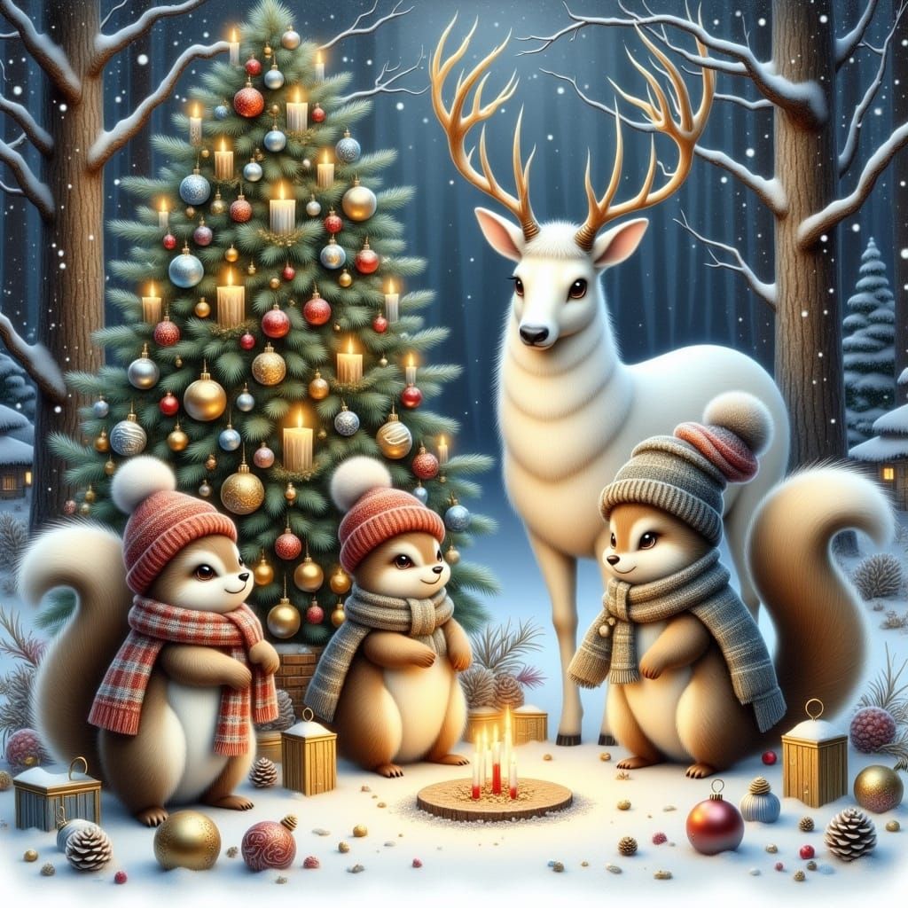 <lora:Winter Feiertage:1.0>Squirrel  and Raccoon in an winterscape forest with a white deer, celebrating Christmas in the woods, with a deco...
