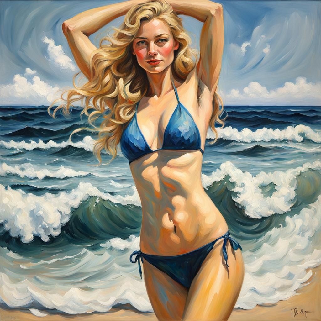 Bikini Model Rides a Wave: Oil Painting