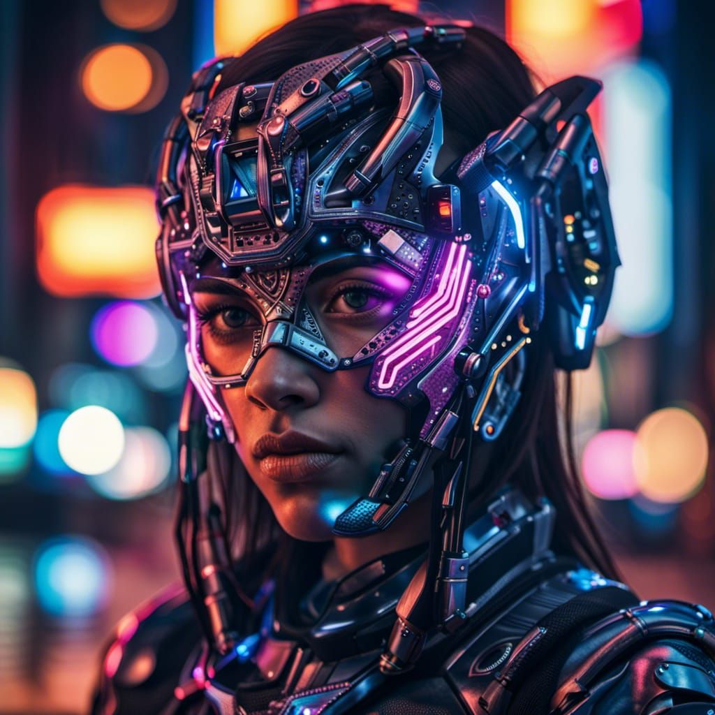 Portrait of a cyborg girl wearing futuristic face armor in a...