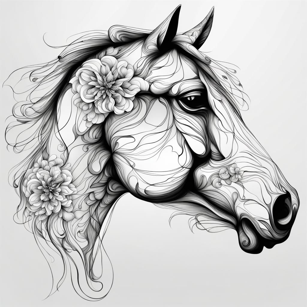sketch line art drawing horse head with black lined flowers  by @Heather