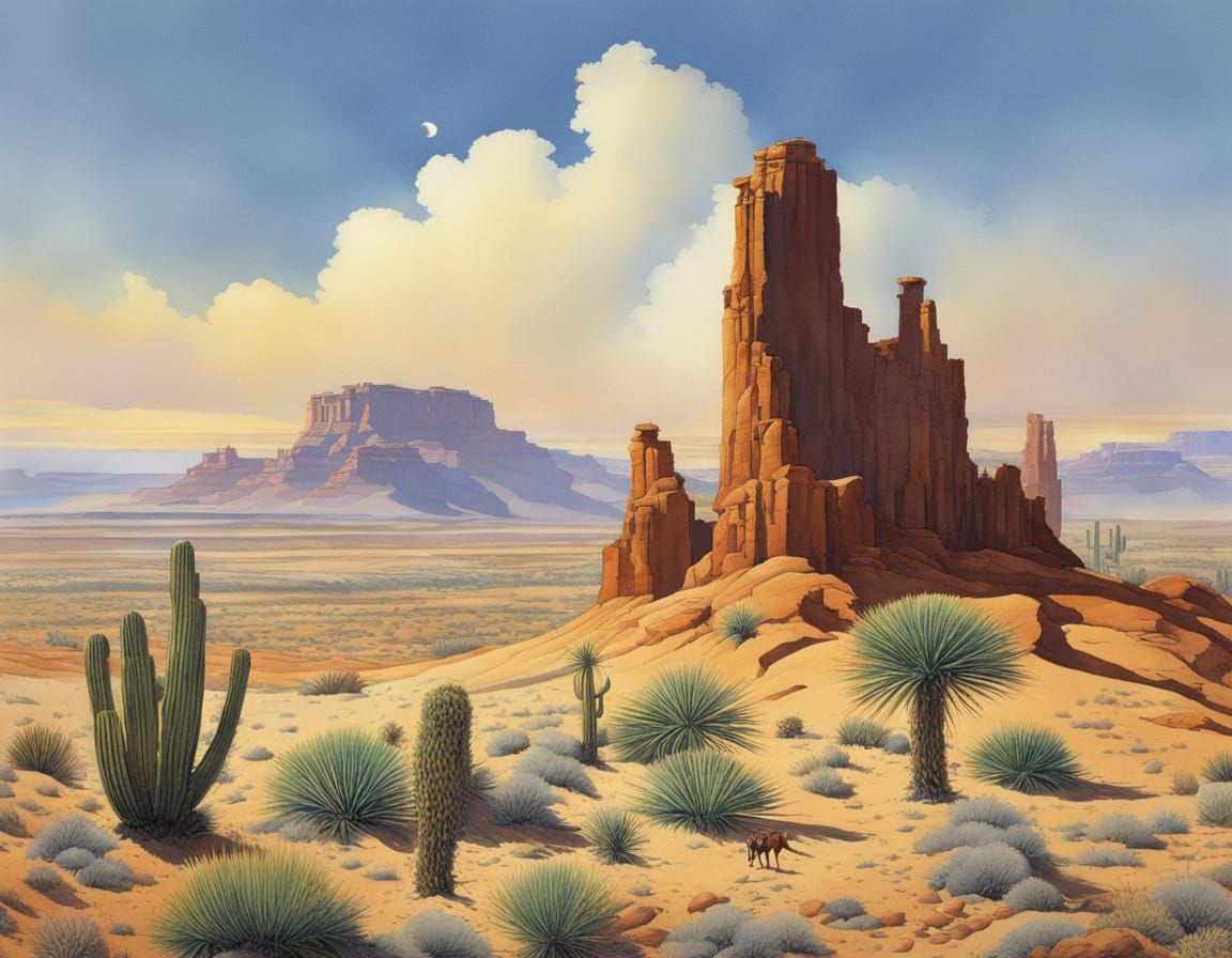 Wild West Town in Desert, Watercolor and Ink