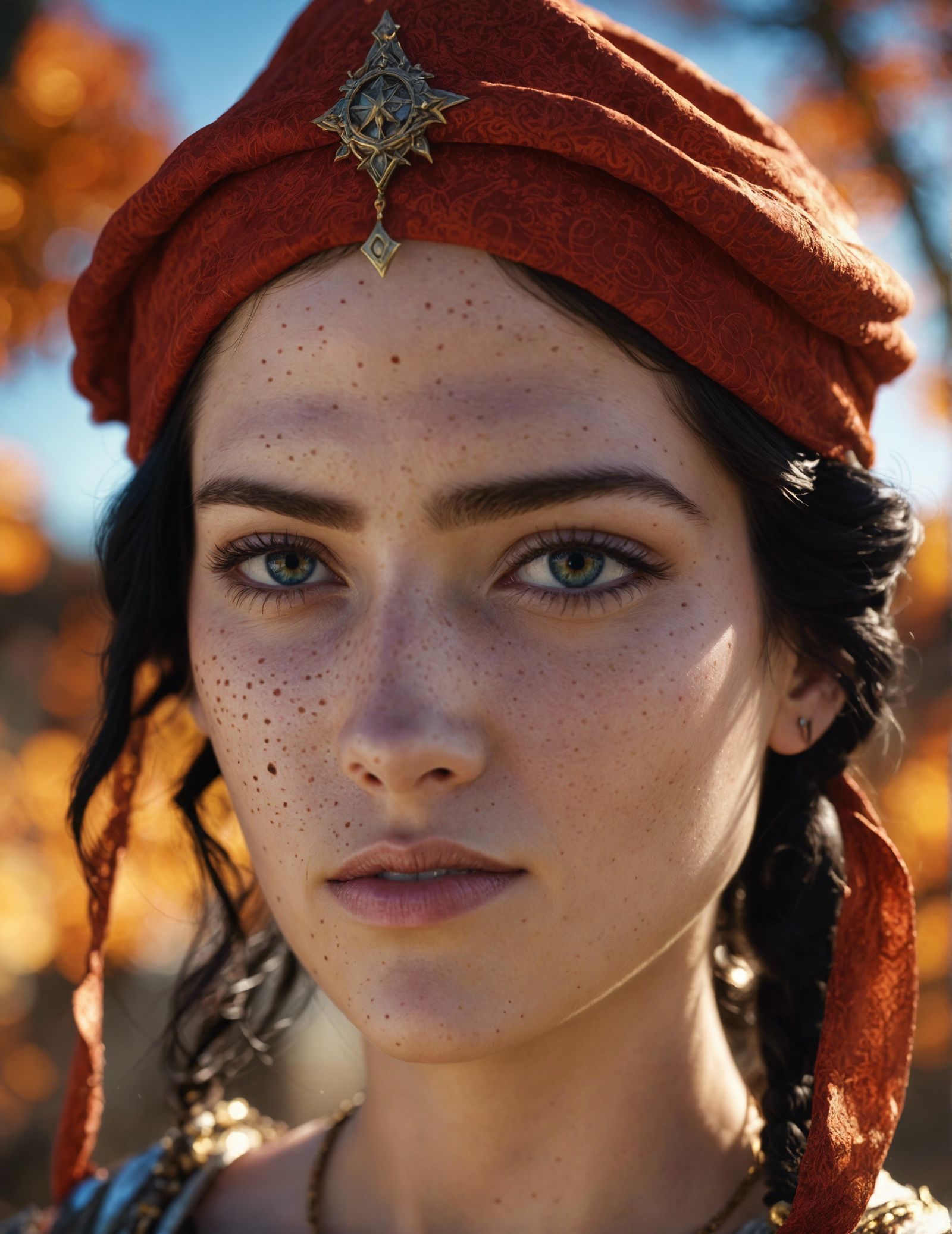 Fantasy head and shoulders concept art portrait, short black hair, French bob, light eyes, freckles, wizard, 8k resoluti...