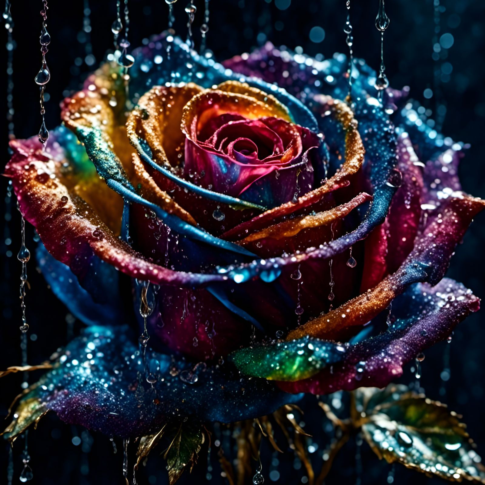 Rainbow Rose in the Rain