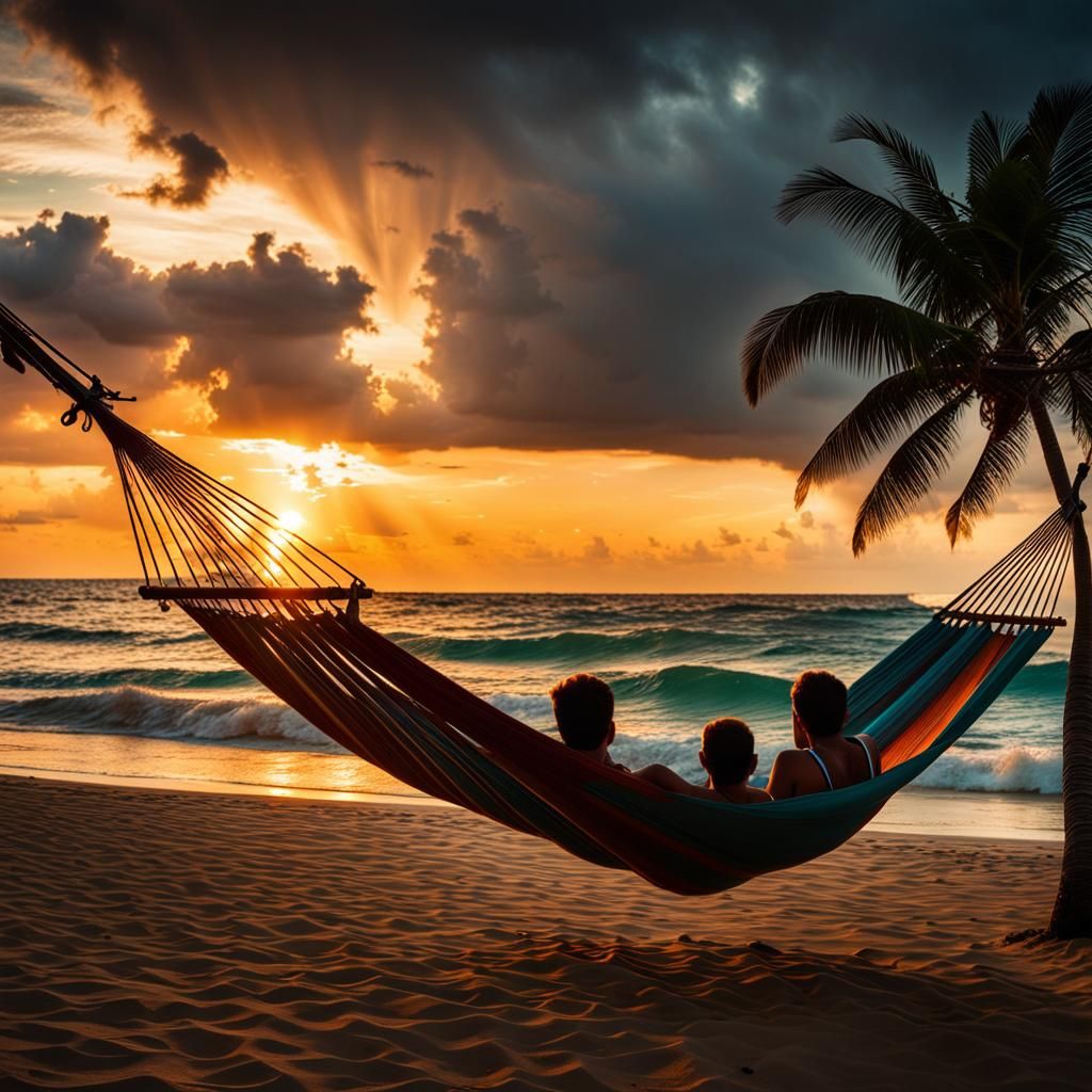 Couple view from the hammock a wonderful sunset on a tropical beach with the sun playing among the few ...  by @Pep