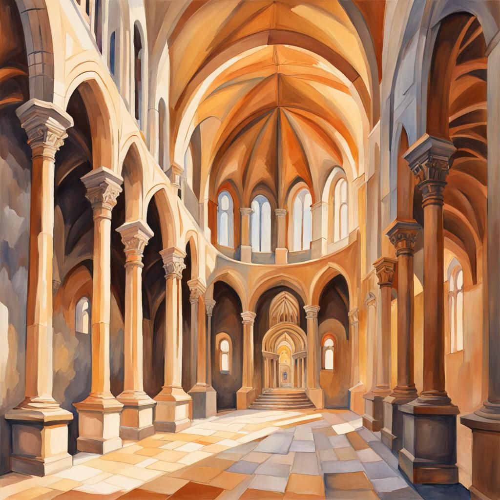Highly detailed interior of a Romanesque cathedral, round headed arches