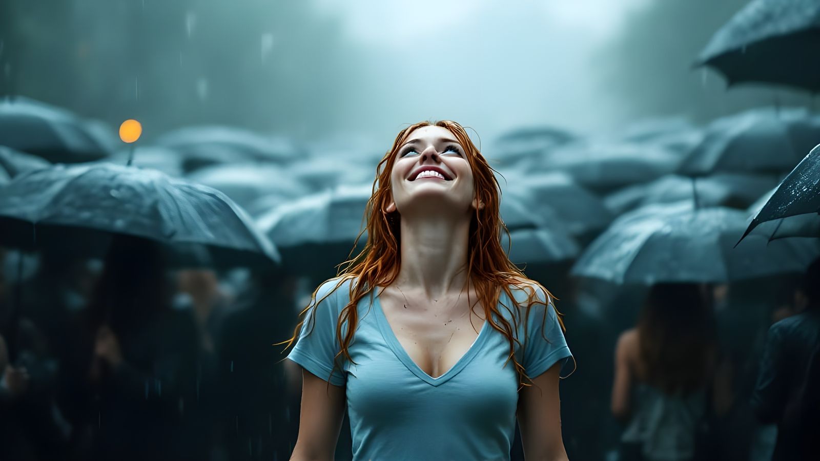 Ecstatic Drenched Woman Embracing Rainstorm