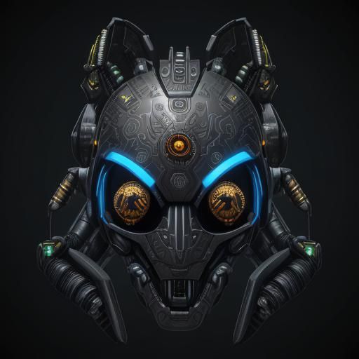 A mechanical bug on a black background, Aztec patterns, bismuth ...