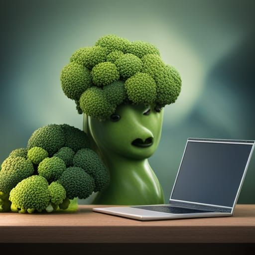 Broccoli is sitting at the computer. Beautiful nature with t...