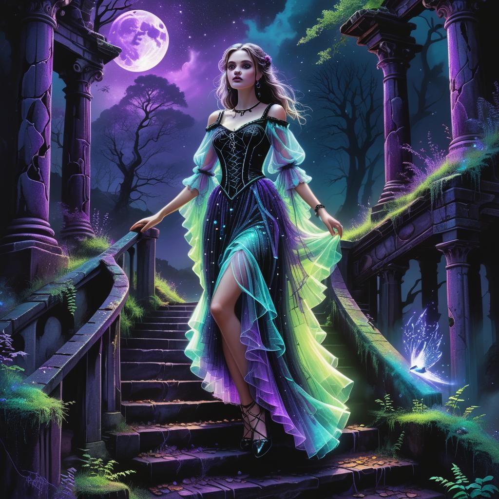 Gothic Maiden in Neon Dress, Astral Illustration