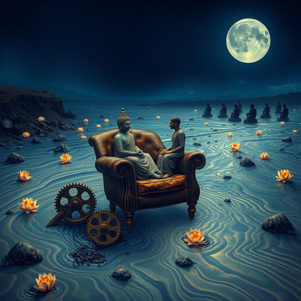Dreamlike Scene of Buddha in Surreal Steampunk Style