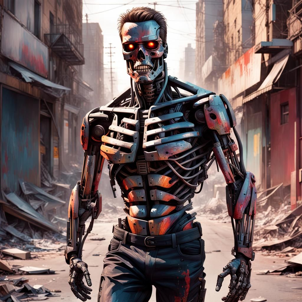The terminator with out skin walking through destroyed streets - AI  Generated Artwork - NightCafe Creator