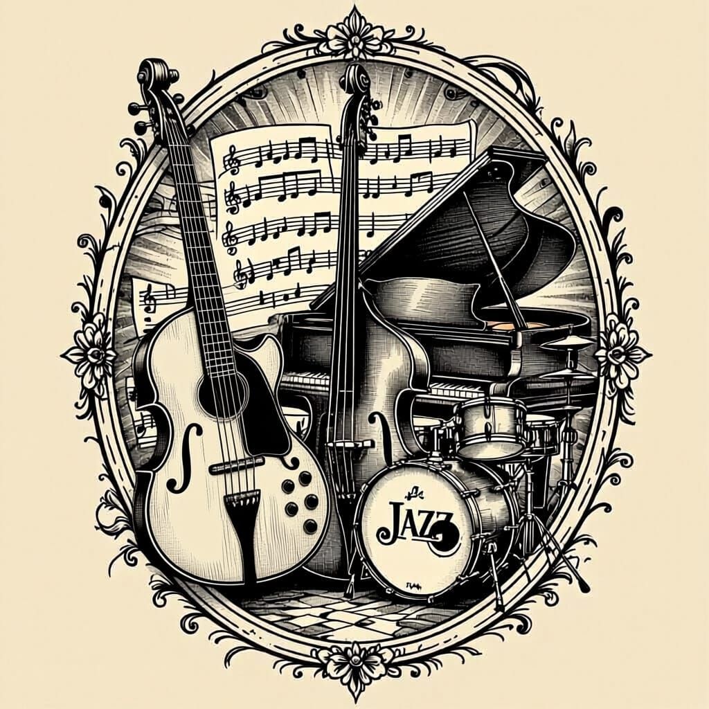 a black and white tattoo idea for a jazz music player which is including a single cut F holed jazz guitar, a double bass, sheet music wrappi...