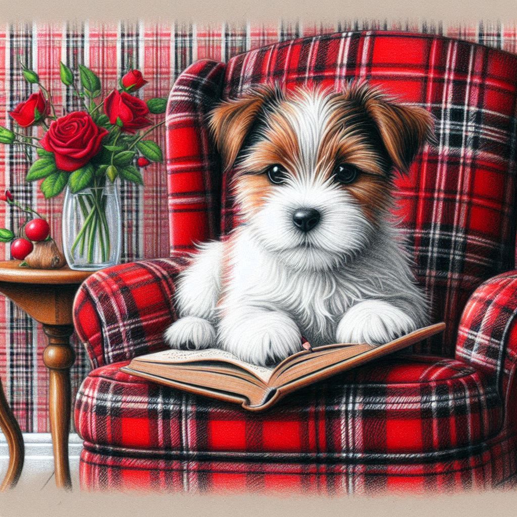 Puppy reading an improving book