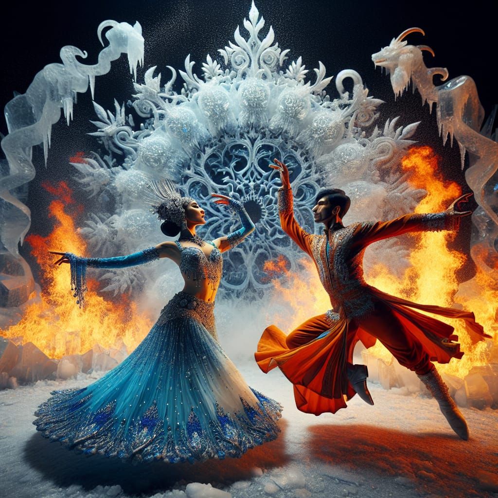 fire and ice, a blue icy dancer and a fiery orange one dance together  by @CardinalBiggles