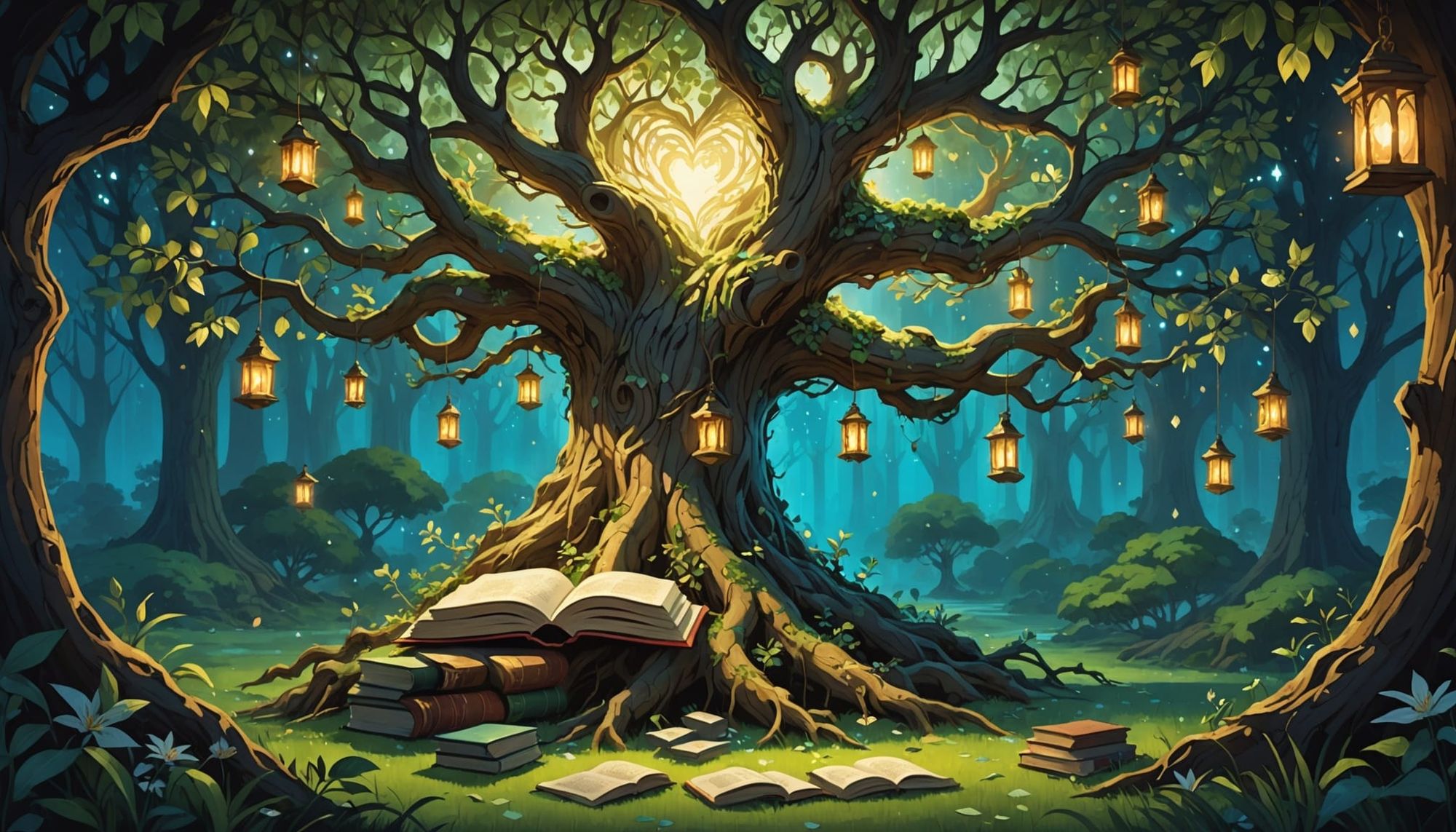 Imagine a serene, hidden library nestled within the heart of a colossal, ancient tree, its roots intertwined with glowing crystals and its b...