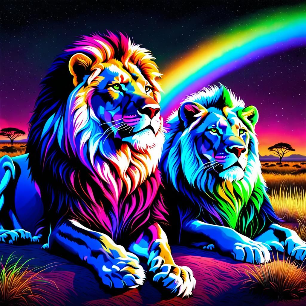 Rainbow Lions Asleep Under Aurora Australis