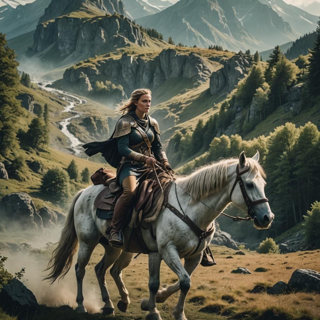 A European Valkyrie riding a horse with a wilderness backgro...