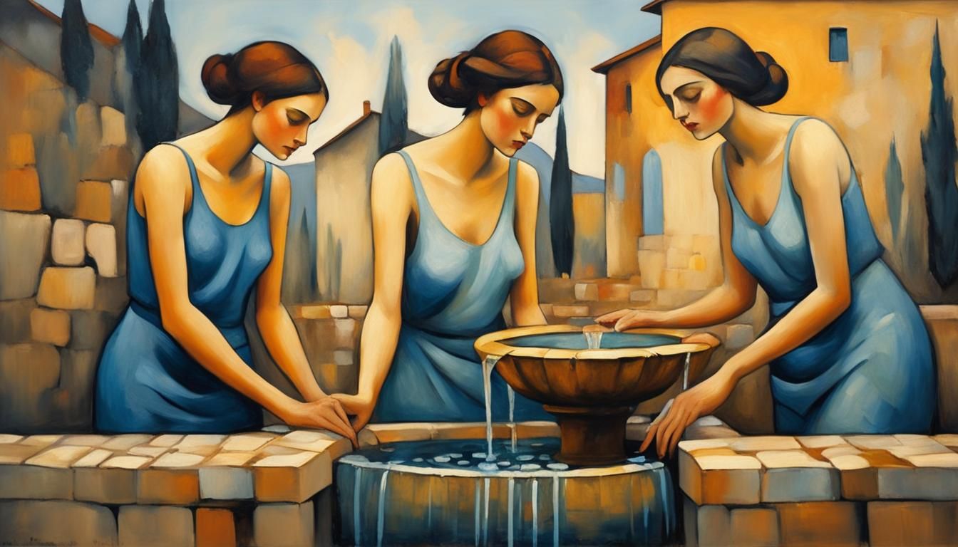Femmes à la fontaine, en 1926, Oil on canvas.  #jean souverbie #art #painting #oil painting #modern art #surréaliste #oil on canvas_